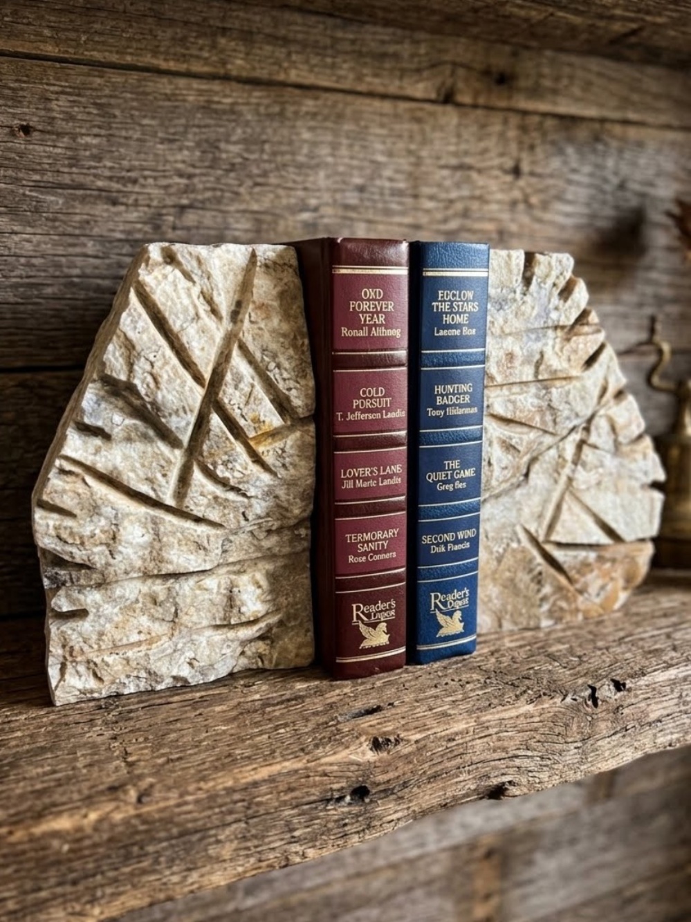 Stone Carved Bookends. Vintage.  Rustic Natural decor. Brown tan cream.